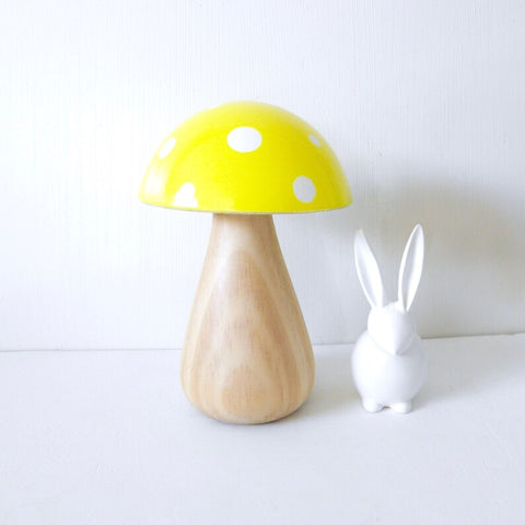 Trippy Toadstool - Wooden Mushroom - Wood Stem / Yellow with White dots